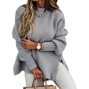 image:imageCHARTOU Womens Loose Mock Neck Side Slit Cable Knit Sweater Oversized Knitwear PulloverGrey