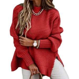 image:imageCHARTOU Womens Loose Mock Neck Side Slit Cable Knit Sweater Oversized Knitwear PulloverRed