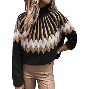 image:imageCHARTOU Womens Winter Chunky Mock Neck Print Sweater Pullover KnitwearBlack