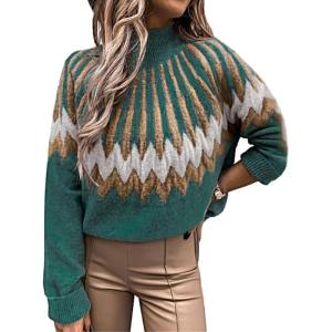 image:imageCHARTOU Womens Winter Chunky Mock Neck Print Sweater Pullover KnitwearGreen