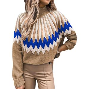 image:imageCHARTOU Womens Winter Chunky Mock Neck Print Sweater Pullover KnitwearKhaki