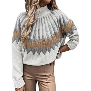 image:imageCHARTOU Womens Winter Chunky Mock Neck Print Sweater Pullover KnitwearWhite