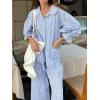 image:imageCHARTOU Plaid Lounge Set Women 2 Piece Outfits Spring Buttons Shirt Ruffle Wide Leg Pants Pajamas SetsBlue