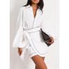 image:imageCHARTOU Women 2 Piece Wrap Mini Skirt Sets Cotton Lantern Sleeve Button Up Shirt Tie Side Beach Short SkirtWhite