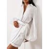 image:imageCHARTOU Women 2 Piece Wrap Mini Skirt Sets Cotton Lantern Sleeve Button Up Shirt Tie Side Beach Short SkirtWhite