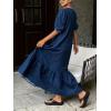 image:imageCHARTOU Women Puff Sleeve Long Denim Dress Flowy Tiered Ruffle Hem Button Down Shirt Jean Dress Loose FitDark Blue
