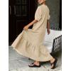 image:imageCHARTOU Women Puff Sleeve Long Denim Dress Flowy Tiered Ruffle Hem Button Down Shirt Jean Dress Loose FitKhaki