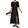 image:imageCHARTOU Women Puff Sleeve Long Denim Dress Flowy Tiered Ruffle Hem Button Down Shirt Jean Dress Loose FitBlack