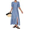 image:imageCHARTOU Women Puff Sleeve Long Denim Dress Flowy Tiered Ruffle Hem Button Down Shirt Jean Dress Loose FitBlue