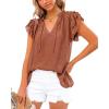 image:imageCHARTOU Womens Summer V Neck SelfTie Ruffle Flutter Sleeve Solid Color Blouse TShirtBrown