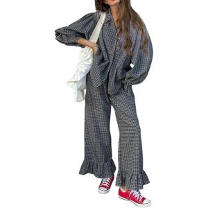 image:imageCHARTOU Plaid Lounge Set Women 2 Piece Outfits Spring Buttons Shirt Ruffle Wide Leg Pants Pajamas SetsBlack