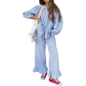 image:imageCHARTOU Plaid Lounge Set Women 2 Piece Outfits Spring Buttons Shirt Ruffle Wide Leg Pants Pajamas SetsBlue