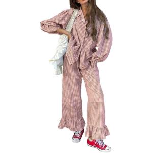 image:imageCHARTOU Plaid Lounge Set Women 2 Piece Outfits Spring Buttons Shirt Ruffle Wide Leg Pants Pajamas SetsOrange Brwon