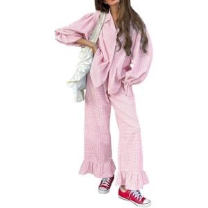 image:imageCHARTOU Plaid Lounge Set Women 2 Piece Outfits Spring Buttons Shirt Ruffle Wide Leg Pants Pajamas SetsPink
