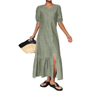 image:imageCHARTOU Women Puff Sleeve Long Denim Dress Flowy Tiered Ruffle Hem Button Down Shirt Jean Dress Loose FitGreen
