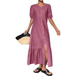 image:imageCHARTOU Women Puff Sleeve Long Denim Dress Flowy Tiered Ruffle Hem Button Down Shirt Jean Dress Loose FitRed