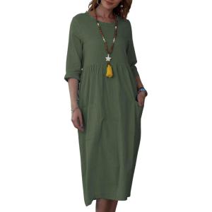image:imageCHARTOU Womens Summer Casual 34 Sleeve TShirt Dress Baggy ALine Flowy Swing Dresses with PocketsGreen