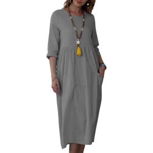 image:imageCHARTOU Womens Summer Casual 34 Sleeve TShirt Dress Baggy ALine Flowy Swing Dresses with PocketsGrey