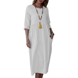 image:imageCHARTOU Womens Summer Casual 34 Sleeve TShirt Dress Baggy ALine Flowy Swing Dresses with PocketsWhite