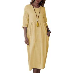 image:imageCHARTOU Womens Summer Casual 34 Sleeve TShirt Dress Baggy ALine Flowy Swing Dresses with PocketsYellow