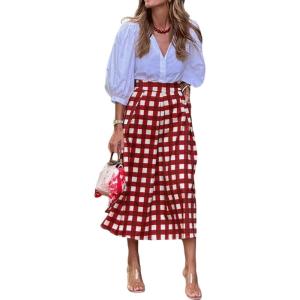 image:imageCHARTOU Womens Summer Gingham Long Skirt Casual High Waisted A Line Plaid Printed Flowy Skirt with PocketsRed