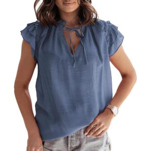 image:imageCHARTOU Womens Summer V Neck SelfTie Ruffle Flutter Sleeve Solid Color Blouse TShirtBlue