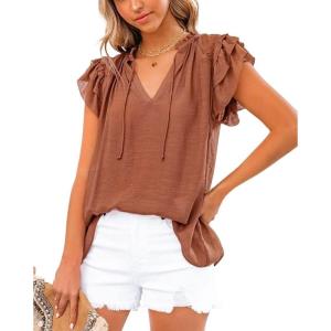 image:imageCHARTOU Womens Summer V Neck SelfTie Ruffle Flutter Sleeve Solid Color Blouse TShirtBrown