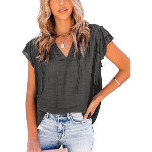 image:imageCHARTOU Womens Summer V Neck SelfTie Ruffle Flutter Sleeve Solid Color Blouse TShirtGrey