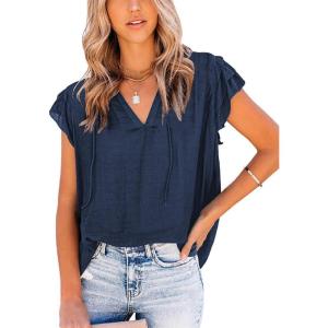 image:imageCHARTOU Womens Summer V Neck SelfTie Ruffle Flutter Sleeve Solid Color Blouse TShirtNavy