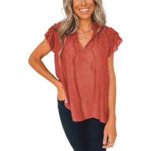 image:imageCHARTOU Womens Summer V Neck SelfTie Ruffle Flutter Sleeve Solid Color Blouse TShirtRusty Red