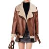 image:imageCHARTOU Women Faux Leather Jacket Fur Lined Winter Coat Warm Zip Up Notched Collar Moto Bomber JacketBrown Fur