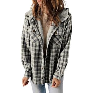 image:imageCHARTOU Fleece Jacket Women Plaid Shacket Sherpa Lined Jacket Flannel Fuzzy Coat Winter Hooded Button OvercoatBlack