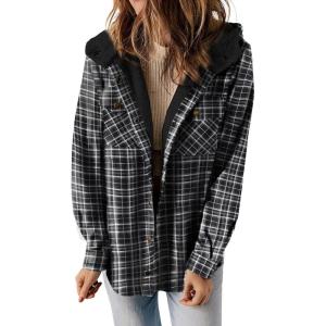 image:imageCHARTOU Fleece Jacket Women Plaid Shacket Sherpa Lined Jacket Flannel Fuzzy Coat Winter Hooded Button OvercoatBlack B