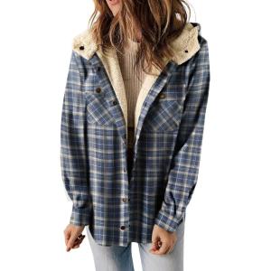 image:imageCHARTOU Fleece Jacket Women Plaid Shacket Sherpa Lined Jacket Flannel Fuzzy Coat Winter Hooded Button OvercoatBlue