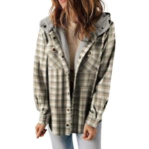 image:imageCHARTOU Fleece Jacket Women Plaid Shacket Sherpa Lined Jacket Flannel Fuzzy Coat Winter Hooded Button OvercoatGrey