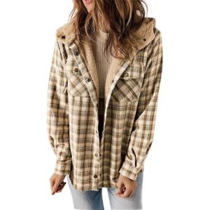 image:imageCHARTOU Fleece Jacket Women Plaid Shacket Sherpa Lined Jacket Flannel Fuzzy Coat Winter Hooded Button OvercoatKhaki