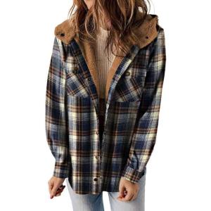 image:imageCHARTOU Fleece Jacket Women Plaid Shacket Sherpa Lined Jacket Flannel Fuzzy Coat Winter Hooded Button OvercoatNavy