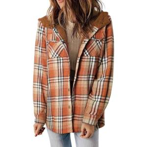 image:imageCHARTOU Fleece Jacket Women Plaid Shacket Sherpa Lined Jacket Flannel Fuzzy Coat Winter Hooded Button OvercoatOrange