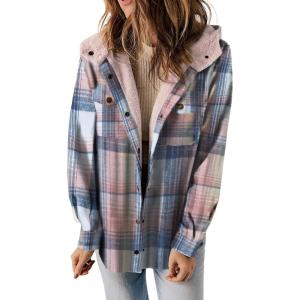 image:imageCHARTOU Fleece Jacket Women Plaid Shacket Sherpa Lined Jacket Flannel Fuzzy Coat Winter Hooded Button OvercoatPink