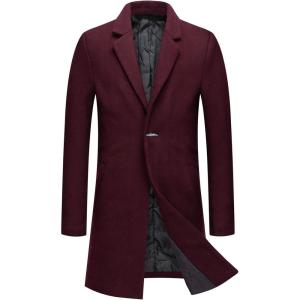 image:imageCHARTOU Mens Thicken 1 Button Quilted Peacoat Windproof Wool Coat OvercoatWine Red
