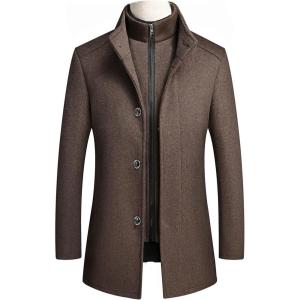 image:imageCHARTOU Mens Thicken Stand Collar Button Up Quilted Wool Pea Coat Overcoat with Detachable VestCoffee