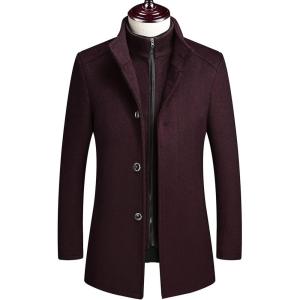 image:imageCHARTOU Mens Thicken Stand Collar Button Up Quilted Wool Pea Coat Overcoat with Detachable VestWine Red