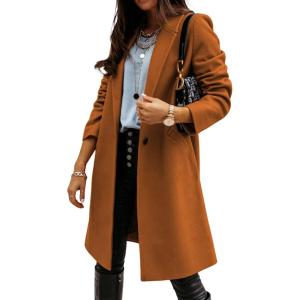 image:imageCHARTOU Women Casual 1 Button Mid Long Wool Trench Coat Jacket Peacoat Notched Lapel Pea Coat Winter OvercoatBrown