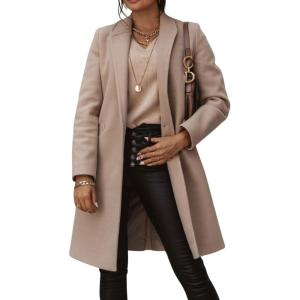 image:imageCHARTOU Women Casual 1 Button Mid Long Wool Trench Coat Jacket Peacoat Notched Lapel Pea Coat Winter OvercoatLight Apricot