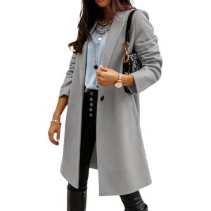 image:imageCHARTOU Women Casual 1 Button Mid Long Wool Trench Coat Jacket Peacoat Notched Lapel Pea Coat Winter OvercoatLight Grey