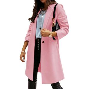 image:imageCHARTOU Women Casual 1 Button Mid Long Wool Trench Coat Jacket Peacoat Notched Lapel Pea Coat Winter OvercoatPink