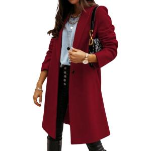 image:imageCHARTOU Women Casual 1 Button Mid Long Wool Trench Coat Jacket Peacoat Notched Lapel Pea Coat Winter OvercoatWine Red