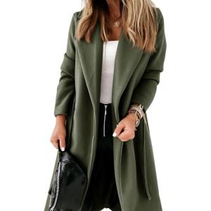 image:imageCHARTOU Women Casual Long Trench Coat Open Front Wool Coat Winter Jacket Peacoat Lapel Collar Overcoat with BeltArmy Green