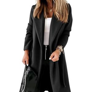 image:imageCHARTOU Women Casual Long Trench Coat Open Front Wool Coat Winter Jacket Peacoat Lapel Collar Overcoat with BeltBlack