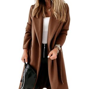 image:imageCHARTOU Women Casual Long Trench Coat Open Front Wool Coat Winter Jacket Peacoat Lapel Collar Overcoat with BeltBrown